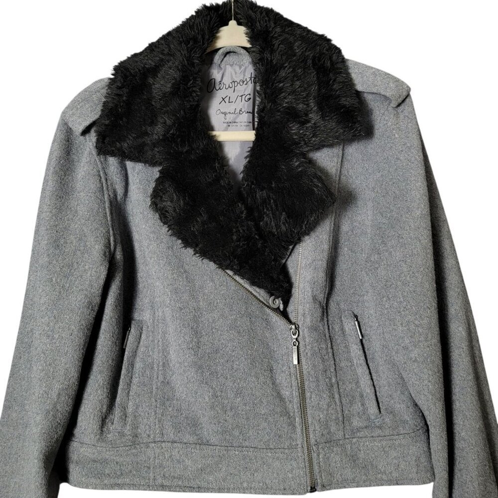 Aeropostale Womens Y2K Gray Wool Blend Coat Jacket XL Faux Fur Lined Collar - Picture 3 of 9